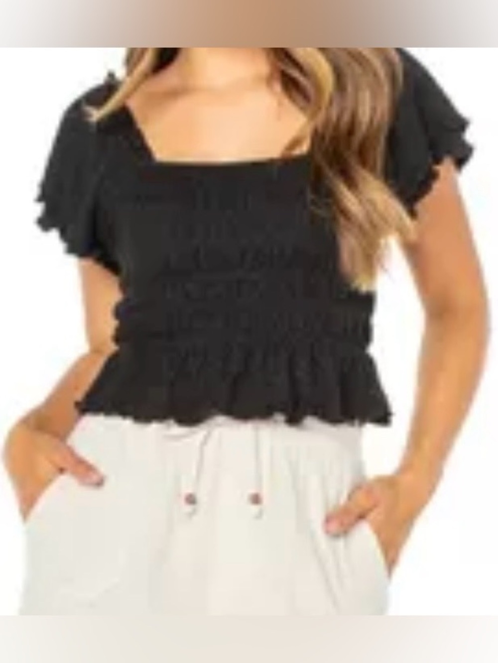 Celebrity Pink Black Flutter Sleeve, Smocked Crop Top